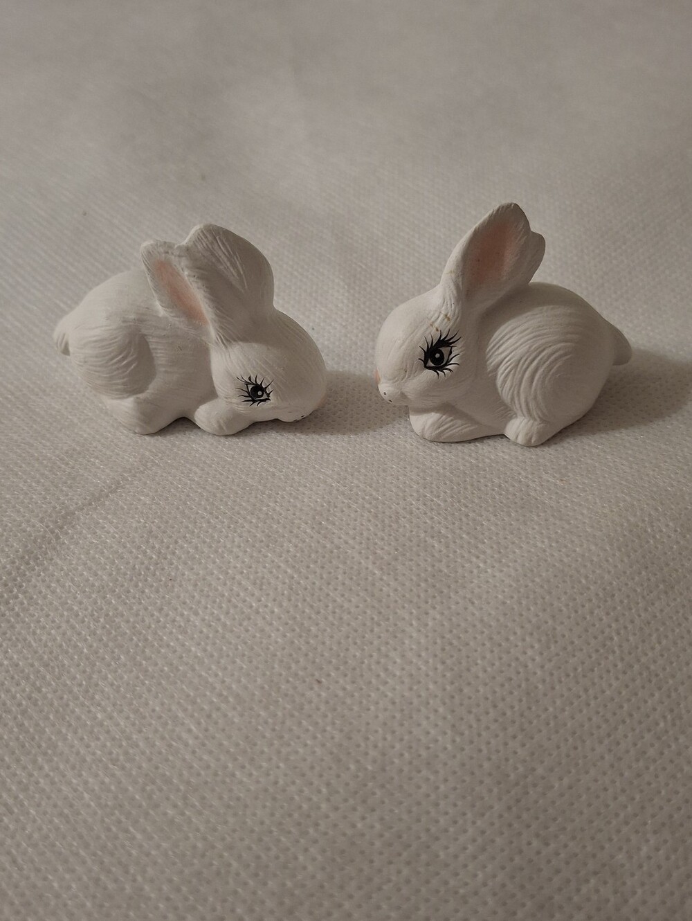 Porcelain White Bunny Rabbit Figurines- Set Of 2- Pink Shaded Ears- Black Eyes